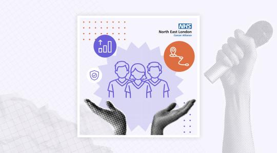 A pair of hands is holding up an icon of some healthcare workers.