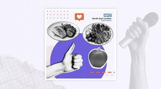 A graphic of a hand with a thumbs up is shown surrounded by healthy food items such as an apple.