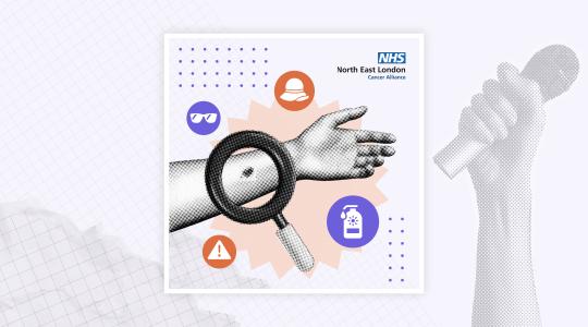 A magnifying glass is hovering over a mole on a person's arm alongside icons of sun safety.