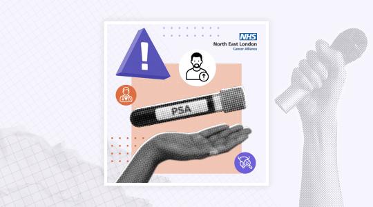 A hand underneath an image of a PSA test tube along with icons which show warning signs of prostate cancer.