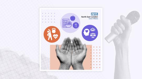 Hands are underneath three icons showing diet, exercise and mental health.