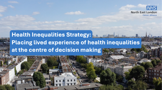 An image of north east London with the text Health Inequalities Strategy displayed over the top.
