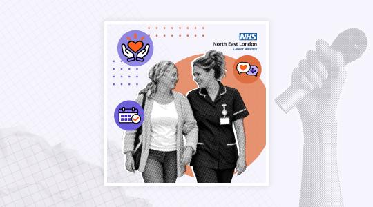 A nurse and patient are walking along side by side looking at each other
