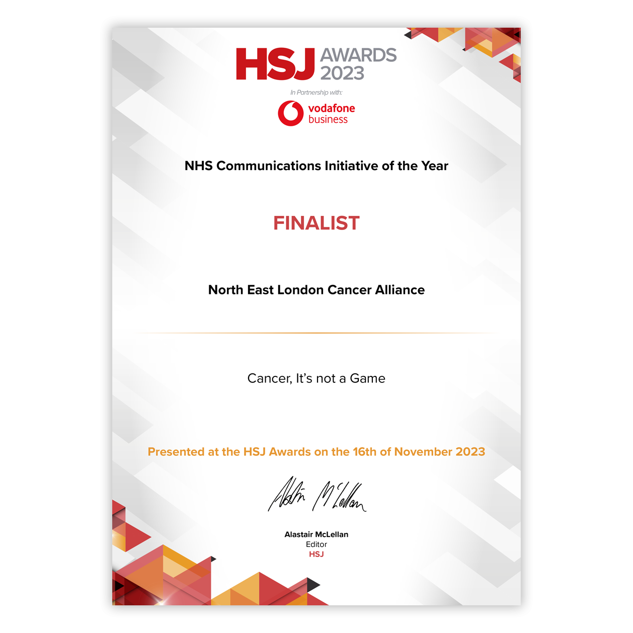The image is of a certificate which says HSJ Awards Finalist in the category of NHS Communications Initiative of the year