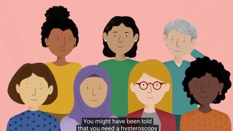 A cartoon graphic of a diverse group of people and underneath is the caption You might have been told that you need a hysteroscopy.