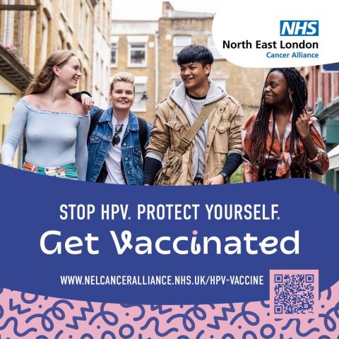 A group of young people are walking in the street and below them says Stop HPV. Protect Yourself. Get Vaccinated.