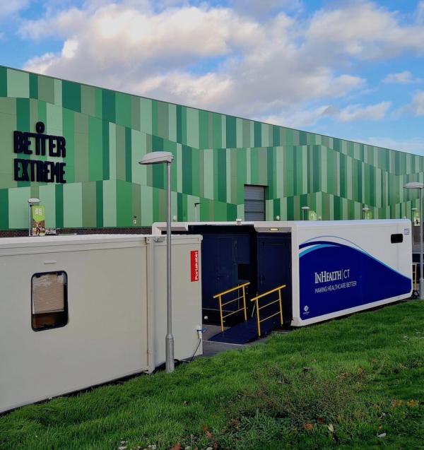 The picture shows the In Health scan truck in front of the Better Gym in Barking and Dagenham.