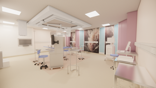 The image shows the inside of a breast cancer surgery operating theatre.