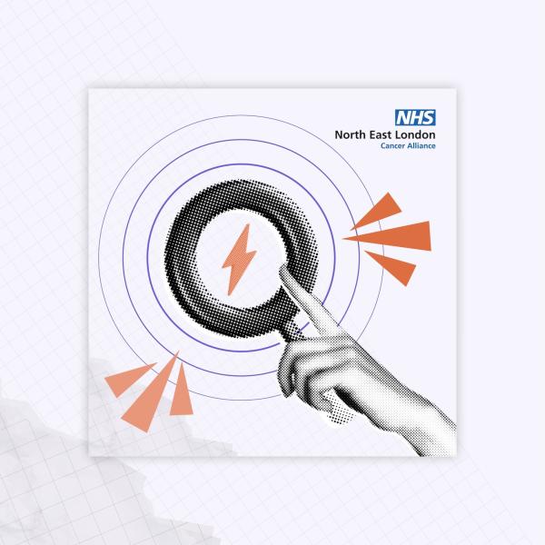 A hand is holding a magnifying glass. The North East London Cancer Alliance Logo is in the top right hand corner.