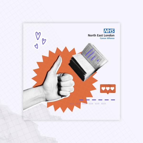 A hand is showing the thumbs up sign alongside a notebook. The North East London Cancer Alliance logo is in the top right hand corner.