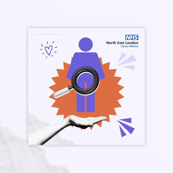 A magnifying glass is hovering over a purple icon of a male in the area of his prostate. The North East London Cancer Alliance logo is in the top right hand corner.