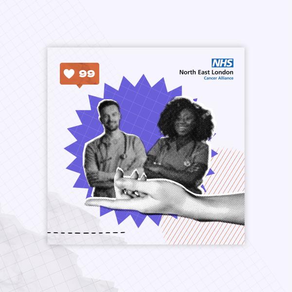 Two nurses are standing next to each other and a hand is reaching out to them. The North East London Cancer Alliance logo is in the top right hand corner.r