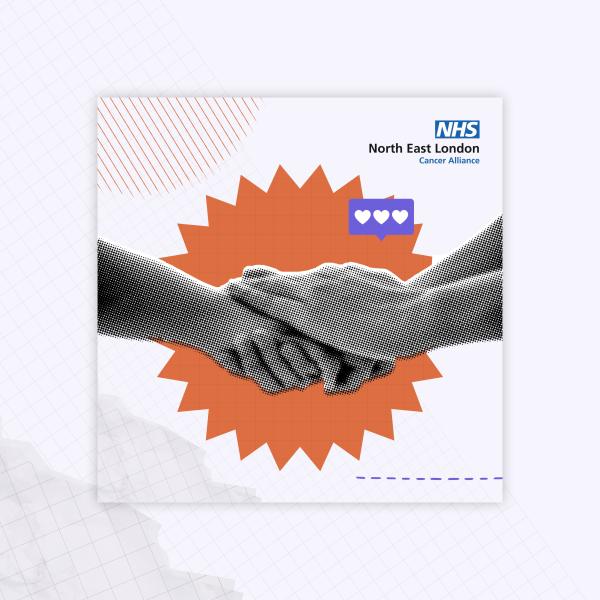 Two hands are reaching out and placed on top of each other against and orange background. The North East London Cancer Alliance logo is in the top right hand corner