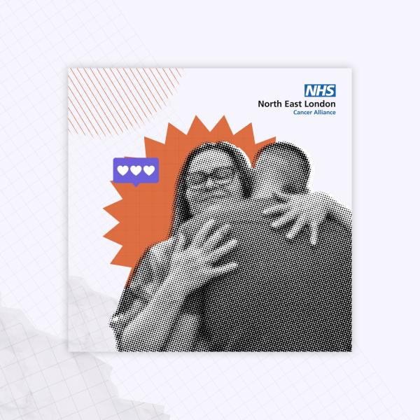 A woman wearing glasses is a hugging a man who has his back to the camera and three white hearts on a purple background are to their left. In the top right hand corners is the logo for the North East London Cancer Alliance