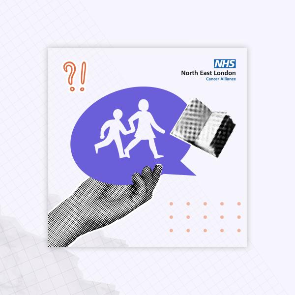 An icon of school children is in a purple speech bubble next to a book. The North East London Cancer Alliance logo is in the top right hand corner.