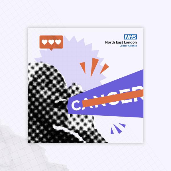 A person is shouting the word cancer, which is covered up by an orange block so only the letter C is showing.
