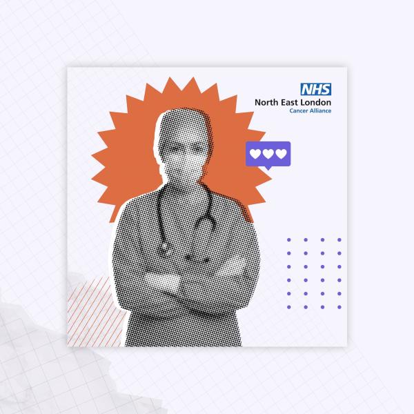 A graphic of a surgeon with their arms folded across their stomach and a stethoscope around their neck. The North East London Cancer Alliance logo is in the top right hand corner.