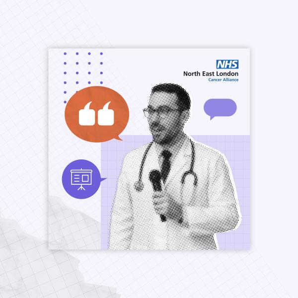 A clinician in white coat and stethoscope is standing with a microphone. In the top right hand corner it says North East London Cancer Alliance.