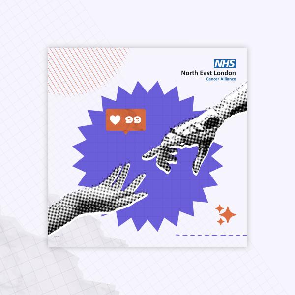A human hand is reaching out to touch a robotic hand in the middle of a purple circle. IN the top right hand corner it says North East London Cancer Alliance.