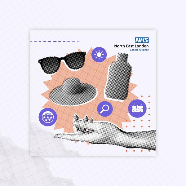 A collection of icons to represent sun safety, including sun glasses, sun hat and sun cream with a hand reaching out underneath them.