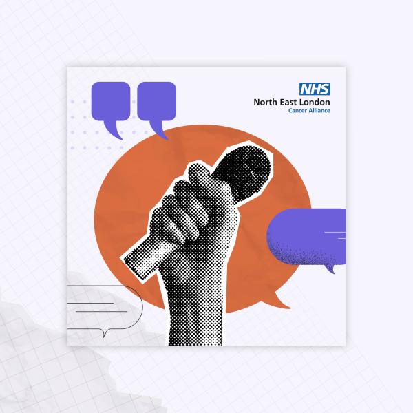 A graphic of a hand holding a microphone.