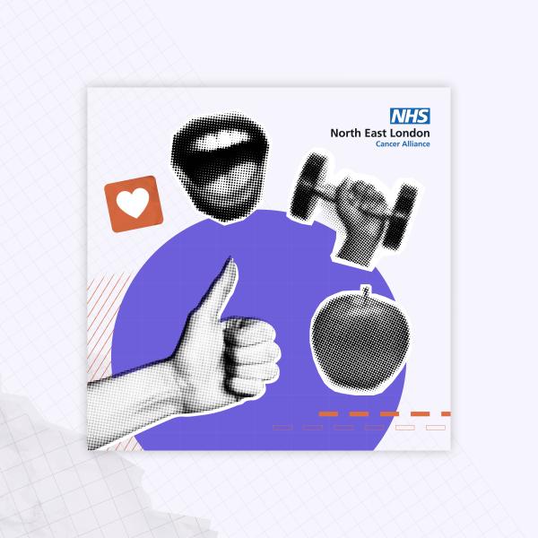 A graphic showing a hand with a thumbs up, along with an apple, some weights and a smiley mouth.