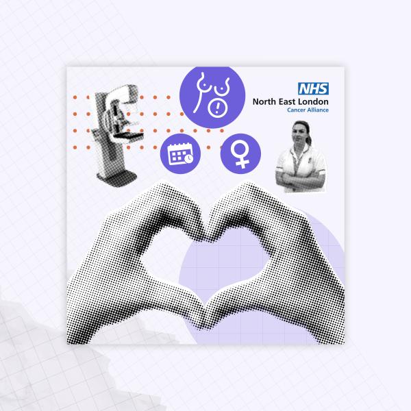 Two hands are coming together to make a heart and in the background are icons representing breast screening.