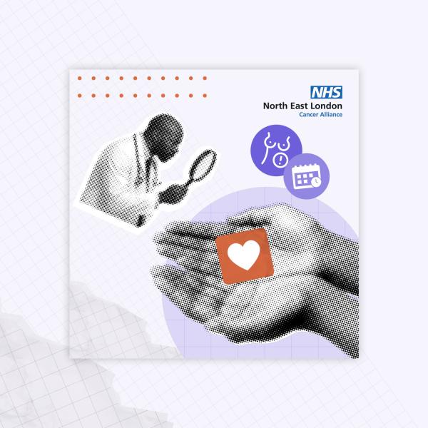 A doctor is looking through a magnifying glass at a hand that is holding an icon of a heart.