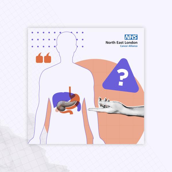 A graphic of a human body with a finger pointing towards the pancreas.